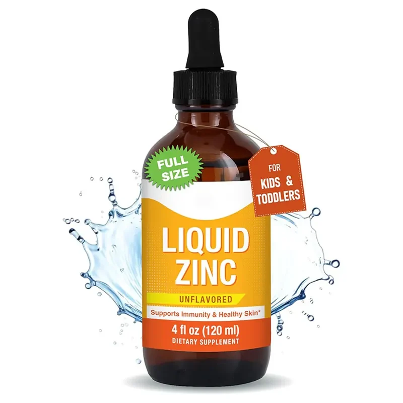 Liquid zinc drops supplement for kids in 120ml amber glass bottle with dropper