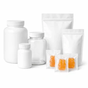 Private label gummy packaging including plastic bottles glass jar stand-up pouches and individual gummy sachets on white background