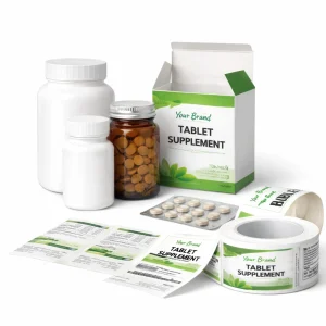 Private label tablet packaging support with plastic bottles, glass bottle, blister pack, labels, and folding box on white background