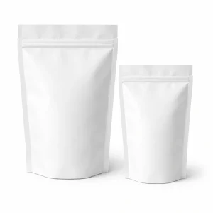 White stand-up pouch packaging for supplement powder gummies and capsule products on white background